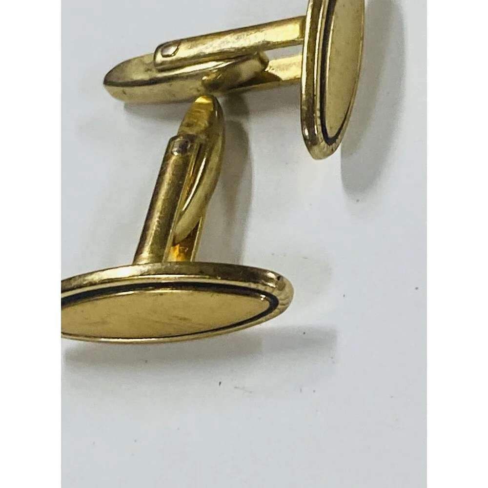 Vintage Mid Century Gold Plated Black Enamel Oval Cufflinks Pat Pend Bullet Back